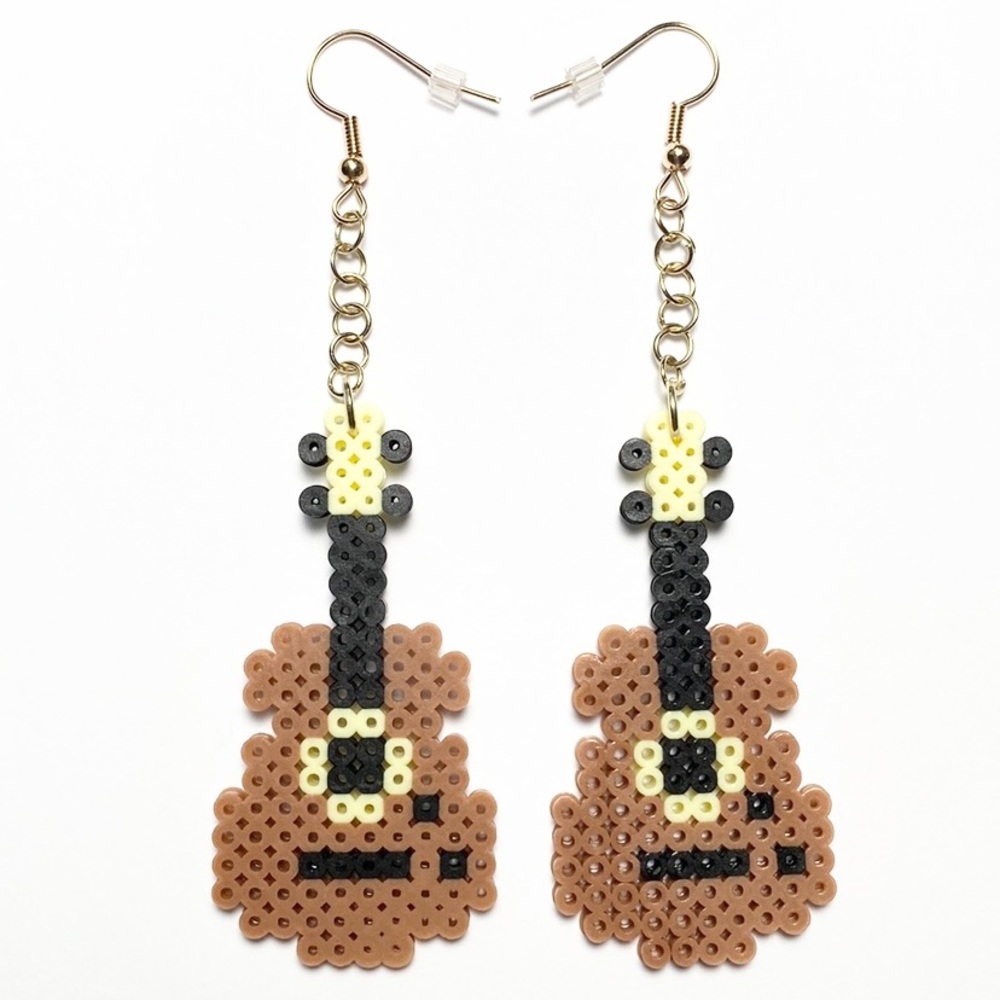 Handmade Mini Perler Bead Yellow/Brown Guitar Earrings. New